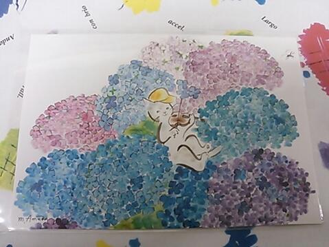 雨田光弘「音楽とあそぶネコたち」ポストカード（紫陽花のステージ）アマネコ舎