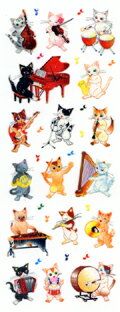 CR346　ラメ入りシール　猫の音楽隊　ステッカーファン　音楽雑貨　音手箱のサムネイル