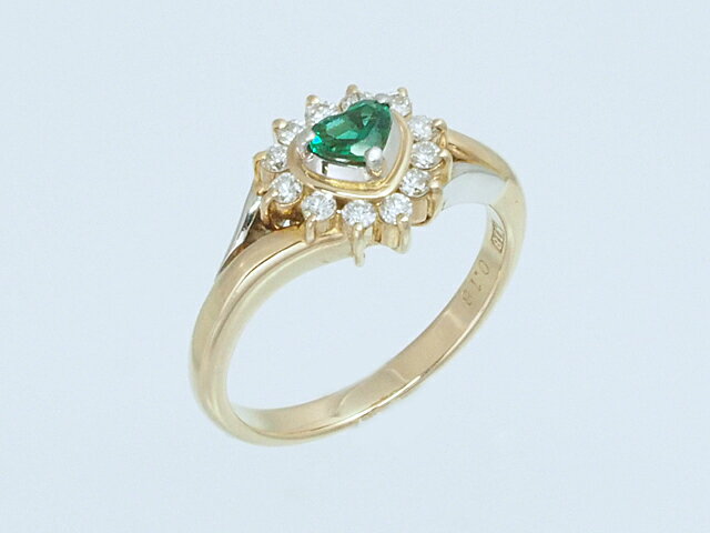 Rakuten - 音羽屋■ エメラルド/0.18ct ダイヤ/0.22ct K18YG/Pt900 ハートシェイプカット リング 12号 鑑別カード付き 仕上済【中古】