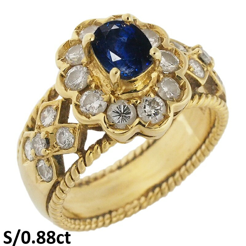 Rakuten - 音羽屋■ サファイア/0.88ct ダイヤ/0.79ct K18YG イエローゴールド デザイン リング 13号 鑑別カード付き 仕上済【中古】