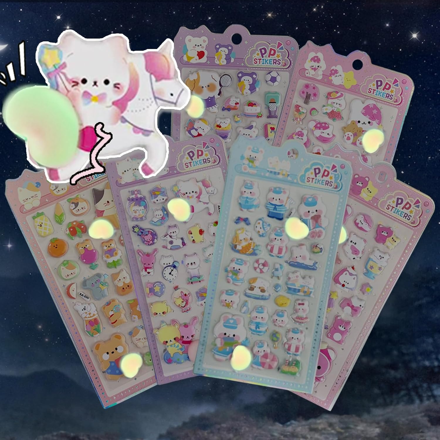 【暗闇で光る★超可愛い】6枚セット 夜光 おしり ぷにぷにシール ぷくぷく 3D マシュマロ シール キャラクター ふわふわ もちもち もっちり スクイーズ ステッカー デコ 蓄光 肉球 アニマル パンダ 犬 猫 狐 動物 デコレーション 送料無料 otskr-10000426 オツカレ サンプル画像2