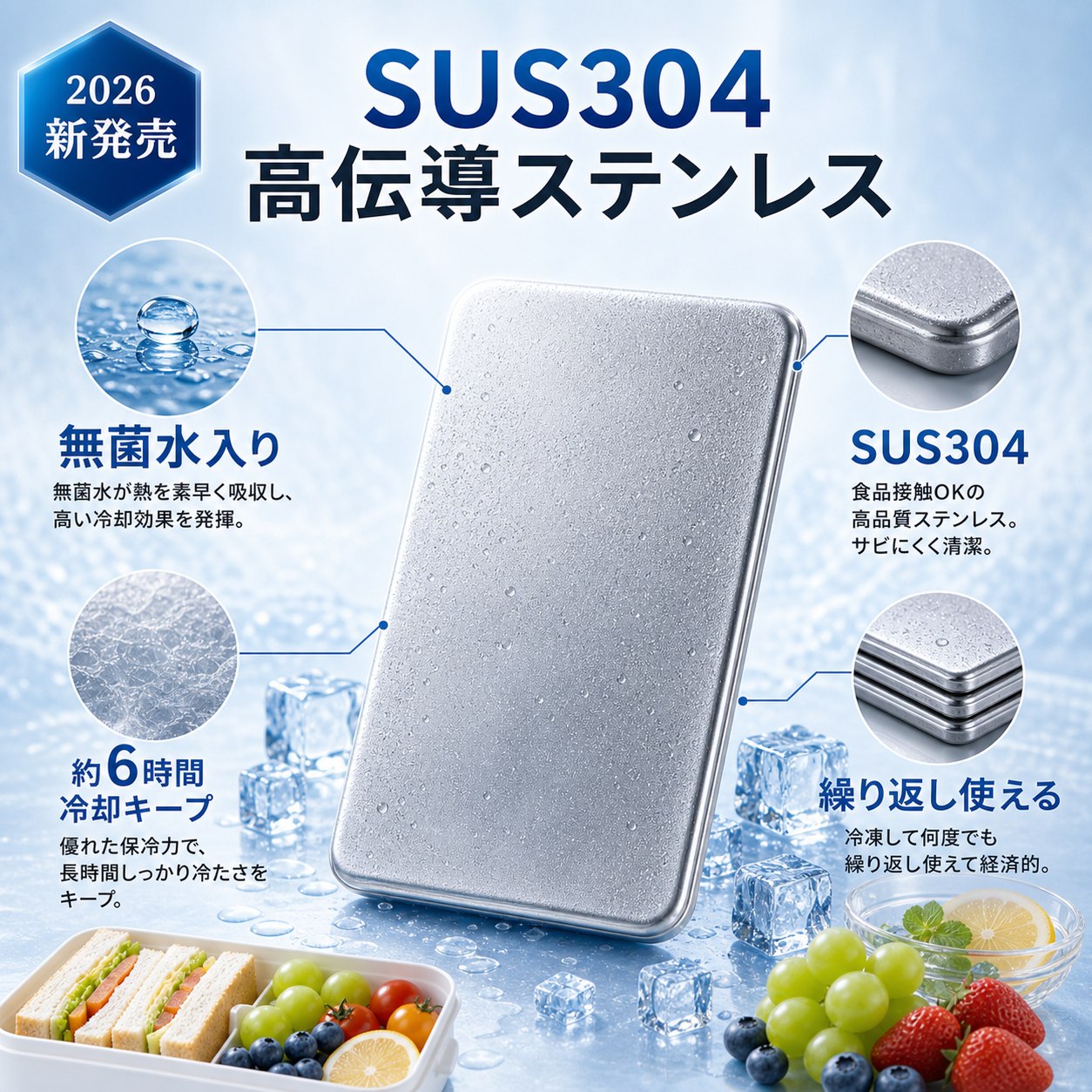 メーカー希望小売価格はメーカーサイトに基づいて掲載しています 商品名 SUS304ステンレス製 高伝導保冷剤 特徴 【驚異の保冷力】室温26℃環境下での検証では、一般的な保冷剤と比べ、12時間後の温度差が約9.9℃！冷たさが長持ちし、食材・飲料の鮮度をしっかりキープします。 【約2.5倍の冷却スピード】高伝導ステンレスで瞬間冷却！従来品よりも早く一気に冷やし、長時間冷感をキープします。 【安心・安全設計】SUS304ステンレス採用！サビに強く、ニオイ移りしにくいので、食品と一緒でも安心して使えます。 【結露しにくく使いやすい】パクっとつかみ、結露しにくい設計。バックやクーラーボックス内が濡れる心配がなく、いつでも快適に使えます。 【繰り返し使えて経済的】食洗機対応で汚れが落ちやすく、清潔に保てます。何度も繰り返し使えるのでエコで経済的です。 こんな方におすすめ お弁当の鮮度が気になる方 通勤・通学・運動会・キャンプ・釣り・BBQを楽しむ方 お買い物後の生鮮食品の鮮度保持に スポーツや部活動の暑さ対策に 停電時や災害備蓄用に常備したい方 結露でバッグが濡れるのが嫌な方 仕様 ・素材：SUS304ステンレス ・サイズ：約17.5cm × 高さ11.5cm ・重量：約463g ・保冷持続時間：最大約6時間（室温26℃環境下） ・冷却時間：約4時間以上冷やしてご使用ください ・対応：冷凍・冷蔵・食洗機 ・繰り返し使用可能 ご使用方法 1. 使用前に水で軽く洗います。 2. 冷凍庫で約4時間以上しっかり冷やします。 3. 保冷バッグやランチボックスに入れて使用します。 4. 冷たさをキープしておいしく楽しみましょう。 ※使用後は水で洗い、よく乾かしてから冷凍庫へ戻すと、清潔に長くご使用いただけます。