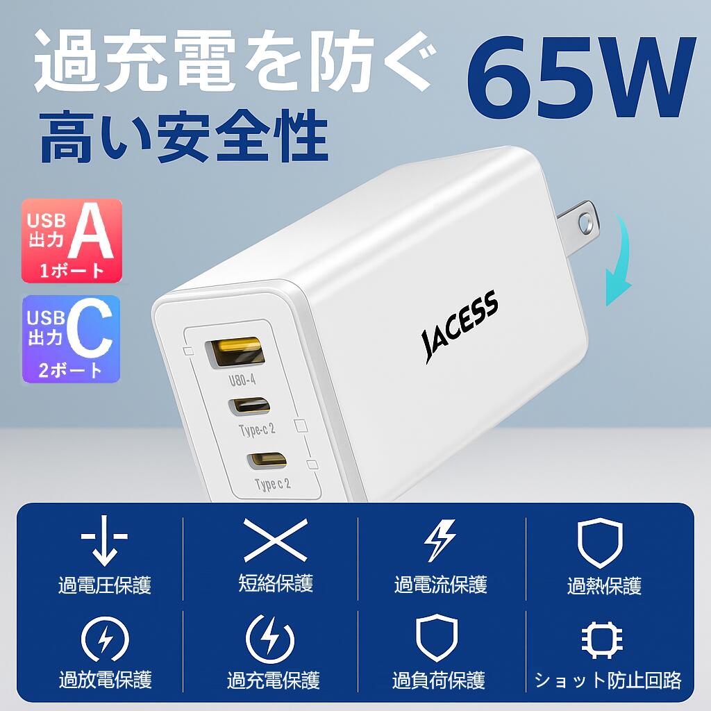 【1台で全デバイス急速充電】65w 急速充電器 充電器 タイプC typeC iPhone Android Switch タブレット対応 3ポート同時充電可能 イヤホン全対応 GaN 技術採用65W 充電器 折りたたみプラグ 軽量 120g 安全保護設計 PSE認証済