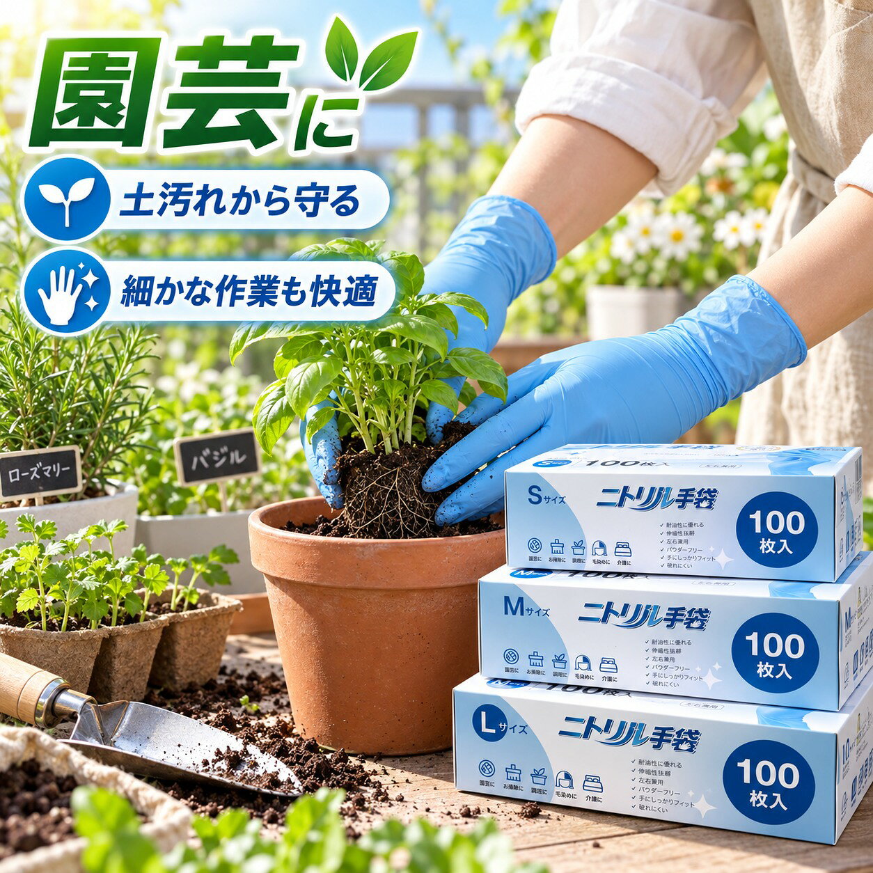 メーカー希望小売価格はメーカーサイトに基づいて掲載しています 商品情報 商品名 食品衛生法適合品 ニトリル手袋 100枚入り（S / M / L） 特徴 食品衛生法適合 タッチパネル対応 左右兼用 パウダーフリー 極薄・強度抜群 すべり止め加工 3サイズ展開 100枚入り 使用シーン 調理・介護・清掃・園芸・軽作業・製菓製パン・惣菜製造・美容など サイズ目安 S（手のひら幅約8.5cm） M（約9.5cm） L（約11cm） ※全長約22〜23cm以上 素材 ニトリル（NBR） 入数 100枚 商品の特長 特長 詳細説明 食品衛生法適合 食品に直接触れる作業にも安心。異物混入対策にも適しています。 タッチパネル対応 手袋を装着したままスマートフォン・タブレットを快適に操作できます。 左右兼用 左右を選ばず使用でき、着脱しやすく経済的です。 パウダーフリー 粉なし仕様で手荒れを抑え、食品への粉移りもありません。 極薄・高強度 素手感覚のフィット感で、水・油・摩耗にも強く丈夫です。 すべり止め加工 指先のエンボス加工により、細かな作業でもしっかりグリップします。 3サイズ展開 S・M・Lから手のサイズに合わせて選べます。 100枚入り 使い捨てタイプで衛生的。業務用・家庭用どちらにもおすすめです。