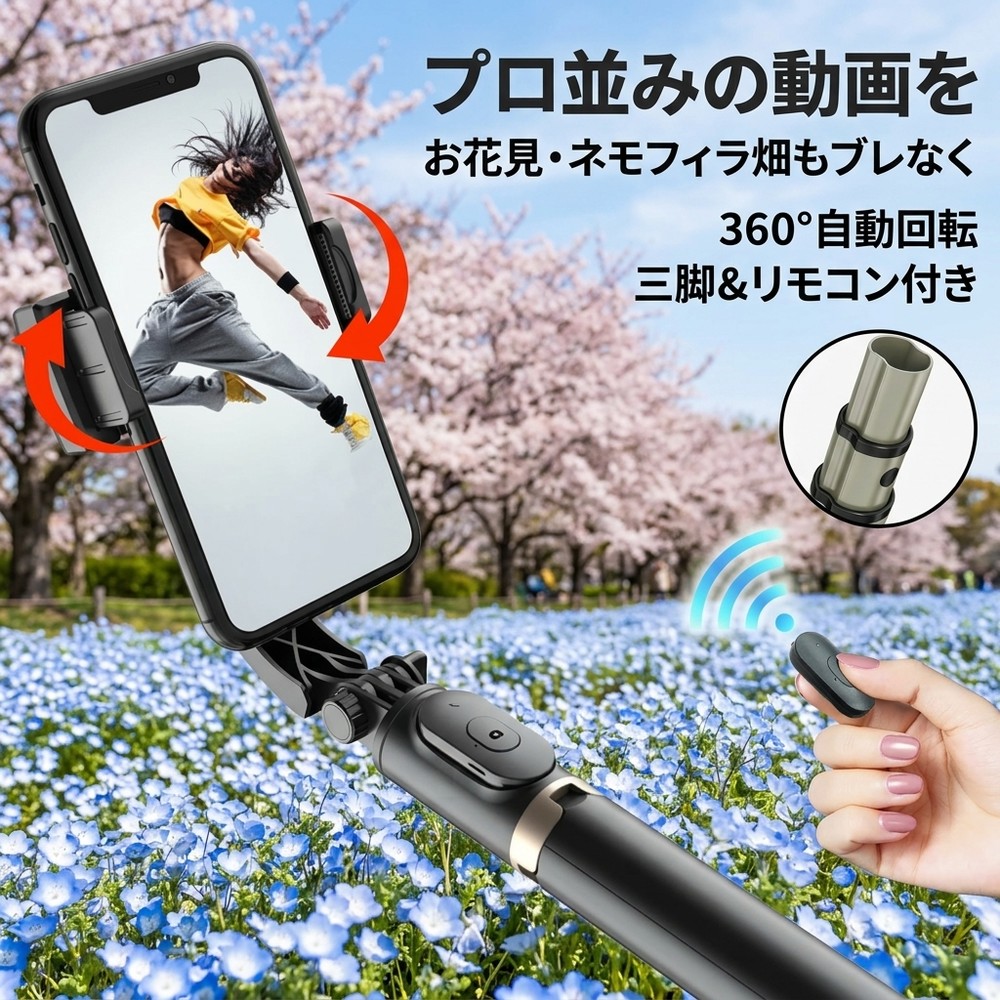 【パッケージ内容】 ジンバル、Type-C ケーブル。 【製品仕様】 ・製品材質：ABS樹脂 + アルミニウム ・本体連続使用時間：約2時間 ・最小製品寸法（折り畳み時）：195 × 70 × 40 mm ・本体重量：200 g ・最大長さ（伸縮式）：750 mm ・リモコン操作距離：10 m以内 ・バッテリー容量：400 mAh ・対応スマートフォン幅：60 mm～95 mm（ケース含む） 【特徴】 ・折りたたんでコンパクトに収納可能 　使わない時は折りたたんで省スペースに収納できます。 ・水平・垂直の切り替えが簡単 　シーンに合わせて角度を切り替えられ、操作もスムーズ。 ・リモコン付きで遠隔操作が可能 　離れた場所からも操作でき、便利で快適。 ・好みの角度で固定可能 　自由に角度調整でき、お好みの位置でしっかり固定。 検索キーワード： 自撮り棒 ジンバル selfie stick スマホ 三脚 携帯電話 360度カメラ iphone 三脚 三脚 スマホ 自撮り棒 三脚 すまほ じどり棒 スマホ アンドロイド 自撮り棒 iphone x ジンバル iphone 携帯ケース iphonex 伸縮棒 自撮り スマホ ジンバル スマホ リモコン vr リモコン スマホホルダー 三脚 単軸ジンバルカメラ android 安い スマホ android 携帯電話 android 自 撮り 棒 selfie stick for iphone カメラ 用 ジンバル スマホandroid スマホケース iphone11pro スマートろっく ビデオカメラ 防水 ブルートゥース 車 ポケット三脚 手持ち 折りたたみ家電 折りたたみ式ポケット三脚 携帯 三脚 携帯 充電 電池 携帯 手動充電 携帯 防水 ケース 携帯電話 android 携帯電話 スマホ 携帯電話スタンド 自撮りカメラ 自撮り棒 おすすめ 自撮り棒 セルカ棒 自撮り棒 ランキング 自撮り棒 三脚 セルカ棒 自撮り棒ランキング 軽い カメラ 三脚 軽量自撮り棒 電話台 回転 Apple iPhone Samsung Huawei Xiaomi OPPO vivo OnePlus Honor Lenovo Sony Google Pixel ZTE Motorola realme