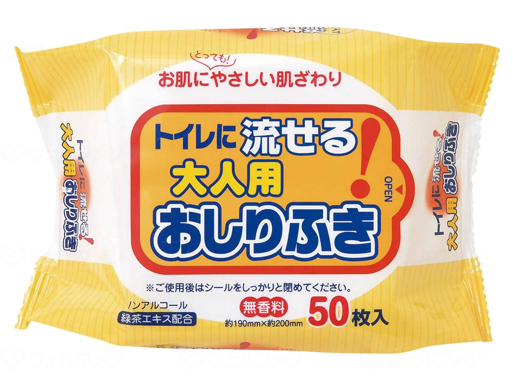 トイレに流せる大人用おしりふき 19×20cm 　50枚入り120個　ノンアルコール 無香料 茶葉エキス入り　（ペーパーテック）