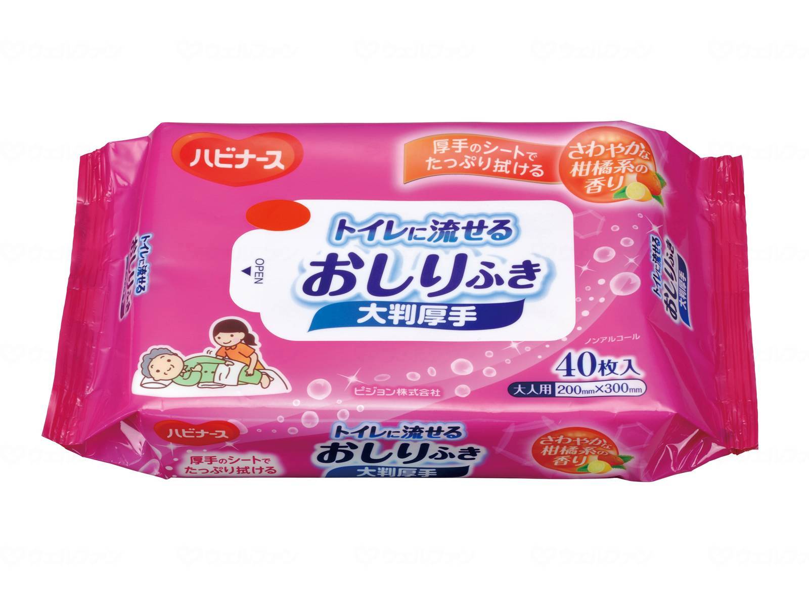 商品名：ハビナース トイレに流せるおしりふき 大判厚手(40枚入24個) 内容量：40枚入24個　 JANコード：4902508116015 発売元、製造元、輸入元又は販売元：ピジョン タヒラ 原産国：日本 商品説明： ●さわやかな柑橘系の香り ●ノンアルコール、無着色