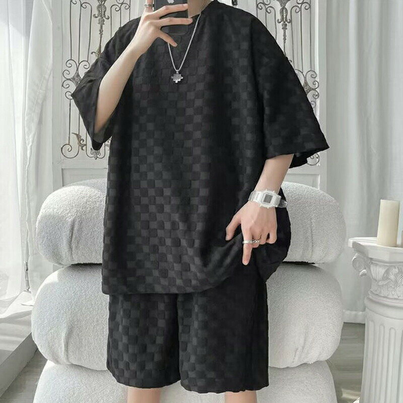 メンズ Tシャツ 上下セット チェック柄 夏 2点セット セットアップ 半袖Tシャツ ショートパンツ ジャージ ポケット付き ハーフパンツ 涼しい 薄手 無地 ゆったり 大きいサイズ スポーツウェア 運動着 吸汗速乾 通気性 ストレッチ 軽量 洗濯機可 普段着 リラックス 部屋着