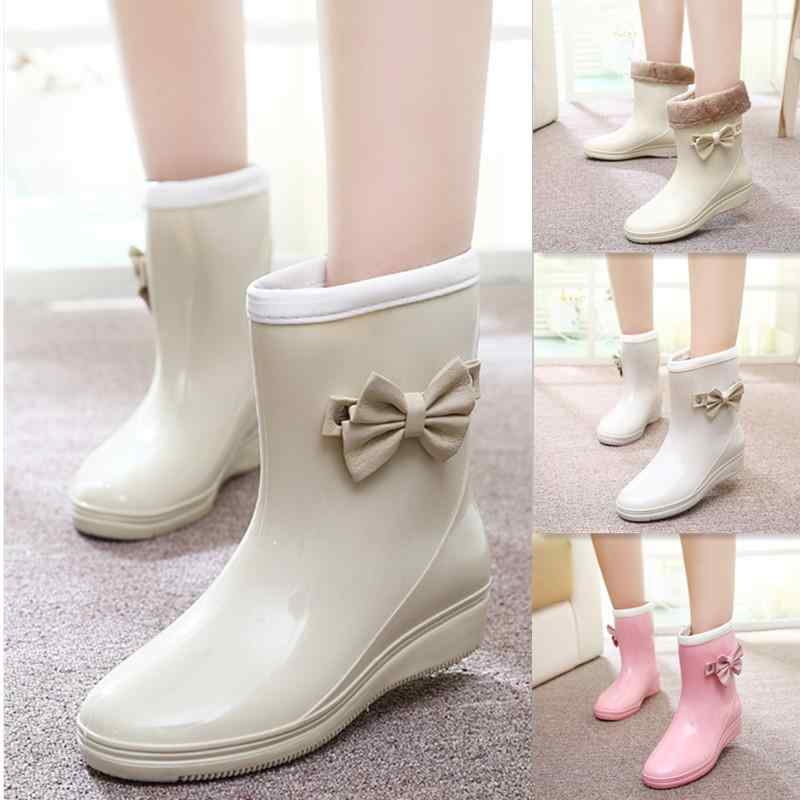 レインブーツ レディース かわいい リボン 裏ボア ミドル丈 長靴 レディース用 ゴム ラバー 防水シュー..