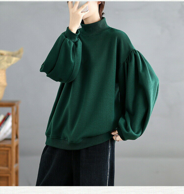 スウェット トレーナー レディース トップス Tシャツ タートルネック ハイネック プルオーバー ビッグ ゆる ぽわん袖 バルーンスリーブ ルーズ 大きいサイズ ゆったり 体型カバー カジュアル シンプル 無地 体型カバー チュニック 綿 コットン ゆる感 秋 冬 こなれ感