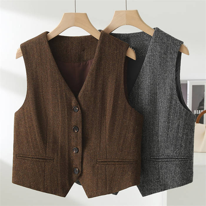 ベスト ラシャ ツイード レディース 新作 ノースリーブ ラシャベスト Vネック 春 秋 無地 ジレ トップ..