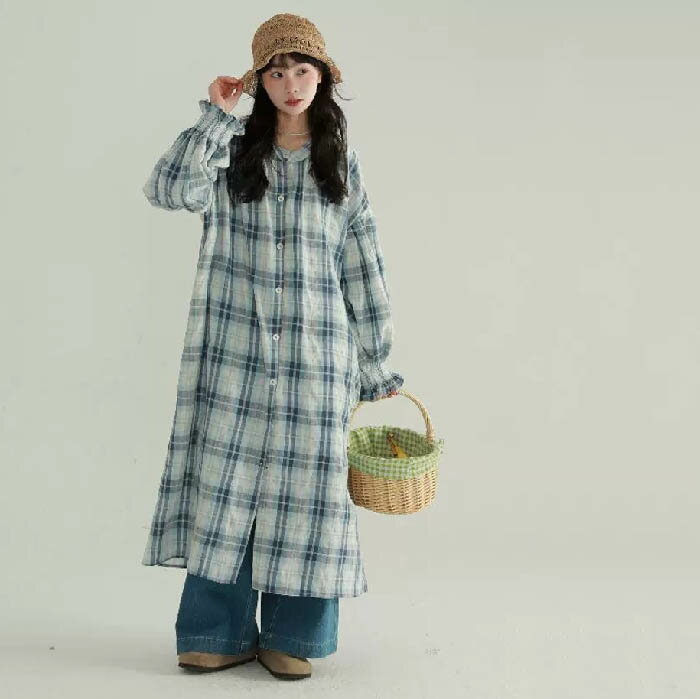 シャツワンピース チェック柄 長袖 シャツ ワンピース ノーカラー チェック柄 ぽわん袖 長袖 大きいサイズ 秋 春 チュニック ロング丈 チェック柄 長袖 大きいサイズ 体型カバー 着痩せ ナチュラル シンプル カジュアル ゆったり 着回し 森ガール