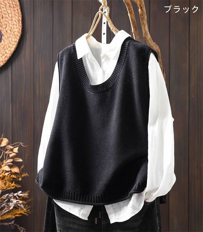 ニット ベスト ニットベスト セーター トップス 長袖 無地 ゆったり バックボタン 新作 ノースリーブ ラウンドネック ジレ カットソー プルオーバー 重ね着 春 秋 冬 デザイン感 大人 レトロ エレガント OL レイヤード 可愛い 大きいサイズ