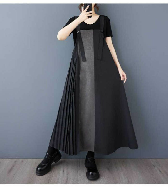 ジャンパースカート プリーツ切り替え ワンピース レディース サロペット スカート 配色 プリーツ 春 秋 ジャンスカ サロペットスカート ゆったり 大きいサイズ 大人 ロング ワンピース ジャンスカ きれいめ お洒落 体型カバー ゆったり ナチュラル 森ガール ママコーデ