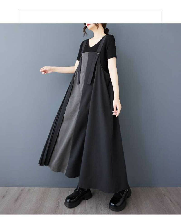 ジャンパースカート プリーツ切り替え ワンピース レディース サロペット スカート 配色 プリーツ 春 秋 ジャンスカ サロペットスカート ゆったり 大きいサイズ 大人 ロング ワンピース ジャンスカ きれいめ お洒落 体型カバー ゆったり ナチュラル 森ガール ママコーデ