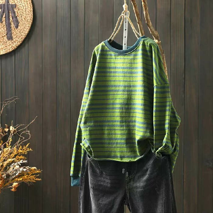Tシャツ 長袖 レディース 綿100％ ボーダー柄 カットソー Tシャツ 春 秋 プルーオーバー シンプル トップス オーバーサイズ 大きいサイズ 体型カバー ゆったり ナチュラル 柔らかい 森ガール カジュアル キレイめ 大人可愛い