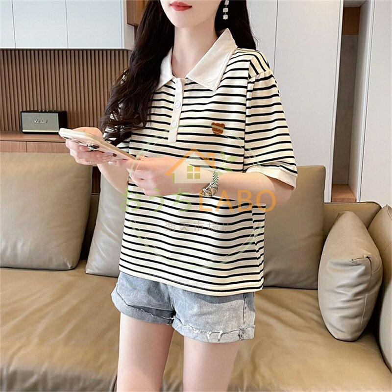 【楽天スーパーSALE】レディース Tシャツ 半袖 ポロシャツ カジュアル服 学生 スクール 普段着 通学 通勤 運動着 ボーダー 柄物 上衣 白黒 春夏 女子ス