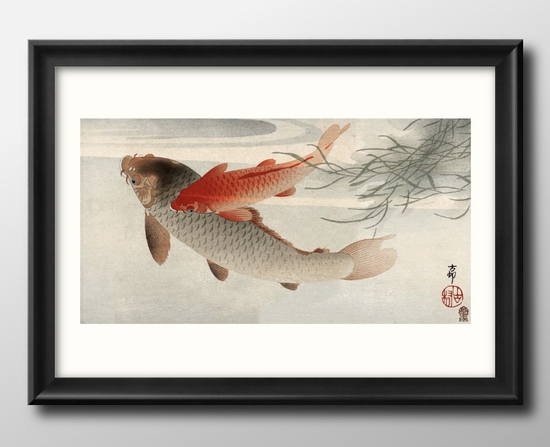 小原古邨 二匹の鯉と水草 A3 サイズ ポスター アート おしゃれ 絵画 インテリア 北欧 イラスト マット紙 艶消し アートパネル 額 フレーム デザイン 壁...