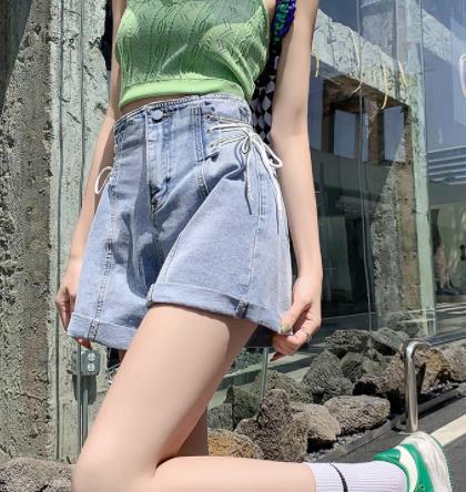 デニムショートパンツ レディース サイドウエスト ストラップ 短パン デニムショートパンツ レディース サイドウエスト ストラップ 短パン