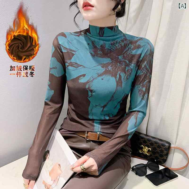 レディース トップス カジュアル おしゃれ 秋冬 新 起毛 スリム プリント メッシュ Tシャツ 長袖 ファッション ボトム シャツ