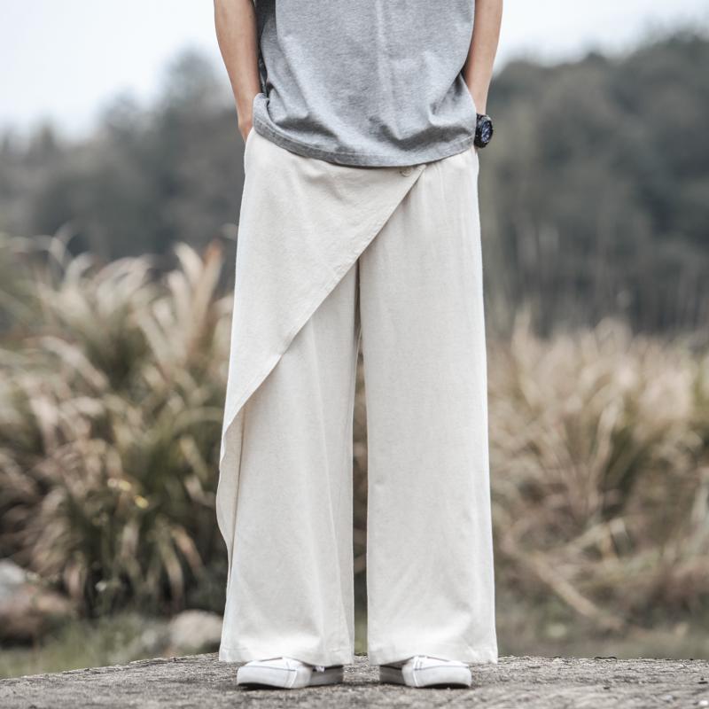 メンズパンツ 春夏 薄手 涼しい 綿麻 ストレート レトロ 個性 不規則スカート風 袴パンツ カジュアル