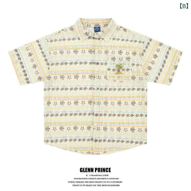 シャツ メンズ 半袖 ニット 夏 透かし編み ストライプ ビーチ カジュアル