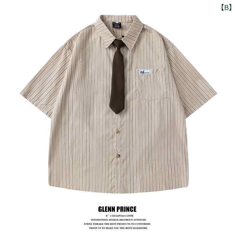 シャツ メンズ 韓国 ストライプ ネクタイ 半袖 カジュアル 通勤 シャツ メンズ 韓国 ストライプ ネクタイ 半袖 普段着 仕事着
