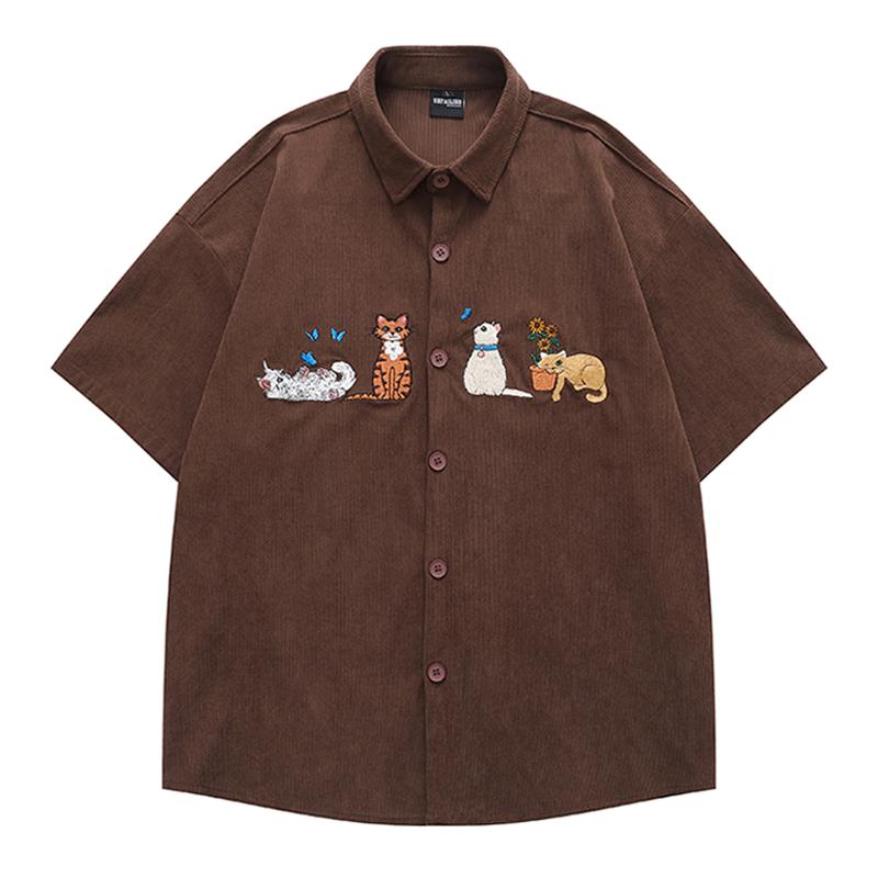 シャツ メンズ 半袖 レトロ 猫 刺繍 コーデュロイ カジュアル