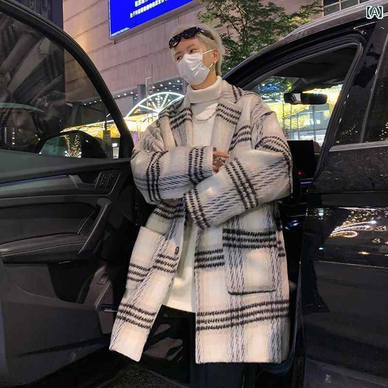 メンズ トップスス アウター おしゃれ 冬 キルテング 厚手 チェック プリント ウィンドブレーカー ジャケット レングス ウール コート(4)