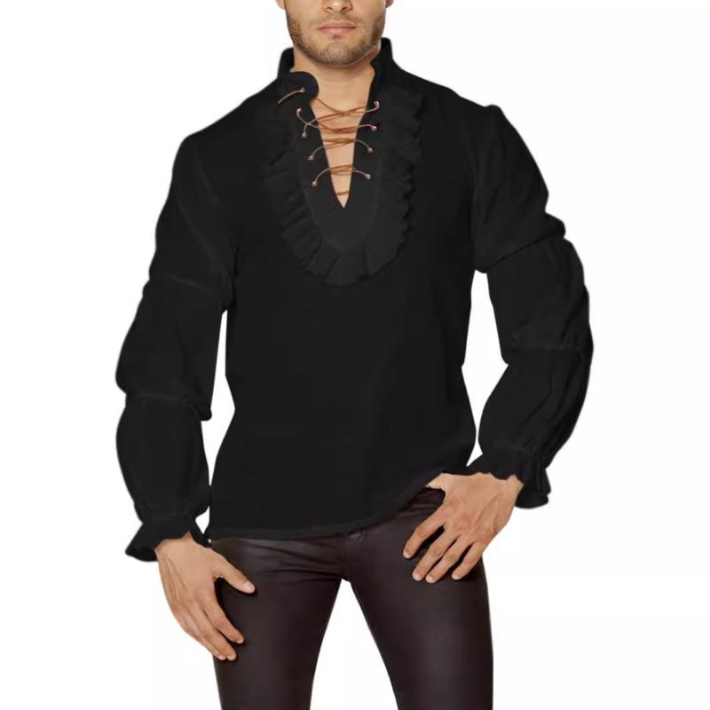 シャツ 中世 ゴシック 立襟 ハロウィン 海賊 文芸復興 編み上げ パフスリーブ シャツ 中世 ゴシック スタンドカラー ハロウィン 海賊 ルネサンス 編み上げ パフスリーブ