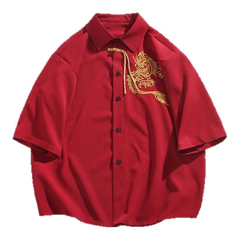 シャツ メンズ 涼感 冷感 七分袖 チャイナ風 レトロ 龍 刺繍 和柄 半袖