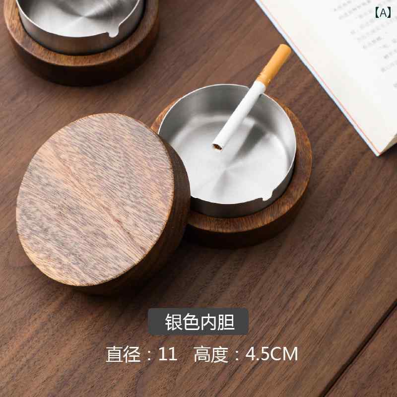 灰皿 フタ付 蓋 木 おしゃれ アンチフライアッシュ 防煙 ラウンド カバー有 ブラックウォールナット 北..