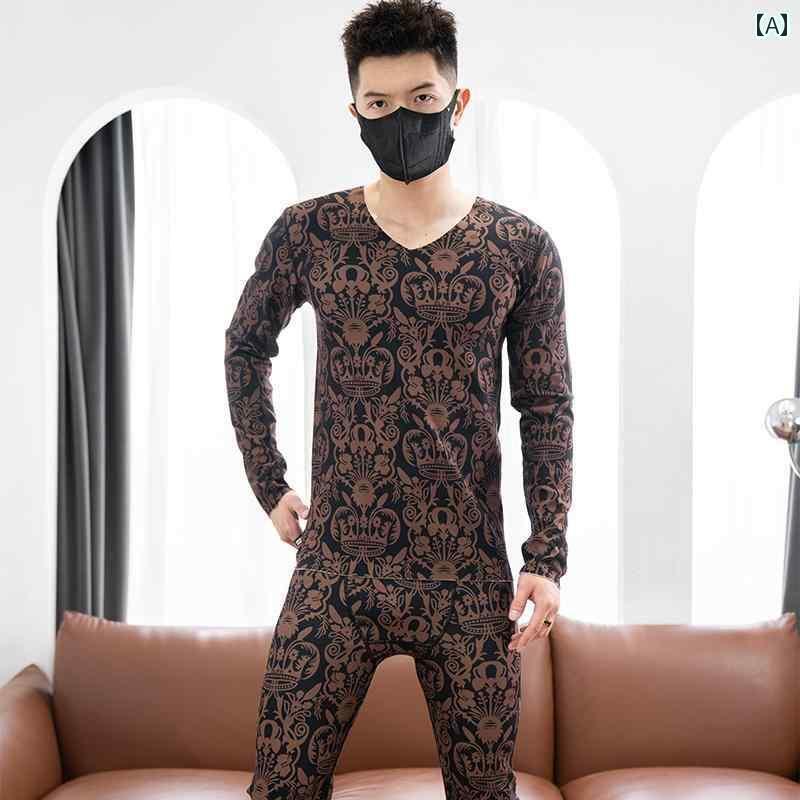 メンズ 下着 セット 秋冬 サーマル スーツ デジタル 柄 プリント トップスス サーマル 2点