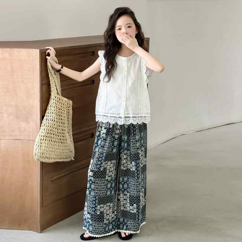 子供服 セットアップ 女の子 夏 ノースリーブ シャツ ワイドパンツ 2点セット