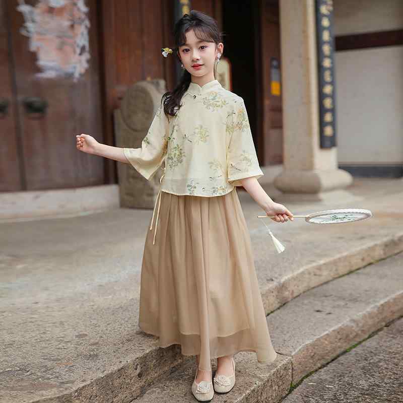 スカート 女の子 夏服 子供 チャイナ風ワンピース 上下セット 女の子 中華風 チャイナドレス 風 レトロ風 2点セット
