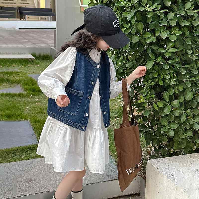 ワンピース 女の子 デニム ベスト セット 子供服 春秋 シャツワンピース 2点セット