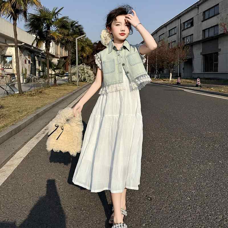 ワンピース 女の子 夏 子供 花柄 デニム ベスト セットアップ スカート 2点セット