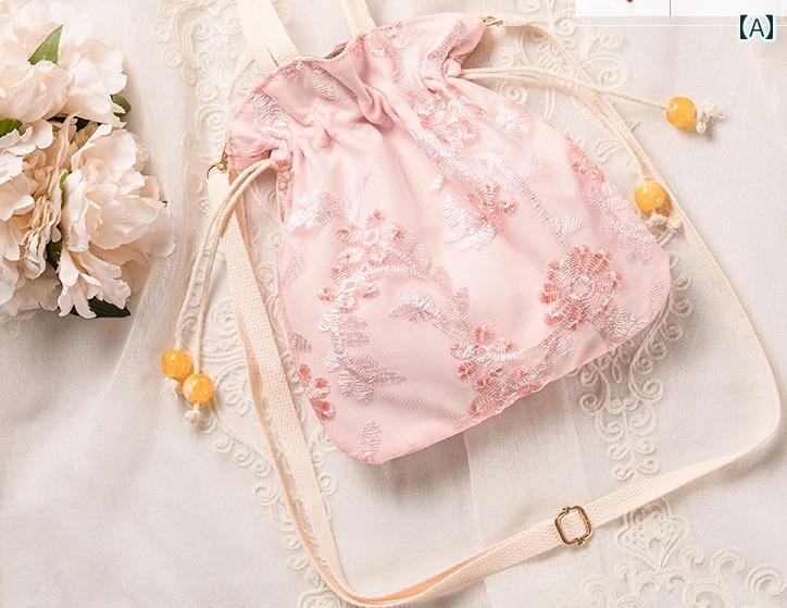 チャイナ バッグ レディース レトロ キャンバス 小さめ スクエア コットン 花 刺繍 ヒモ 長さ 調節 ショルダー ポシェット ソフト おかけ ピンク