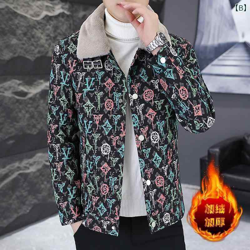 メンズ トップスス アウター おしゃれ 花柄 プリント ジャケット 冬服 起毛 厚手 暖かい 快適 ジャケット