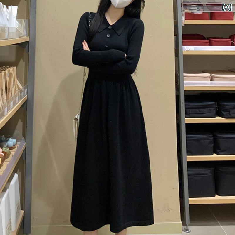 大きめサイズ レディース おしゃれ ファッション カジュアル 上品 フェミニン デート 女子会 普段使い 韓国 ポロ カラー 黒 スリム セーター ドレス 秋冬 ウエスト ニット ドレス