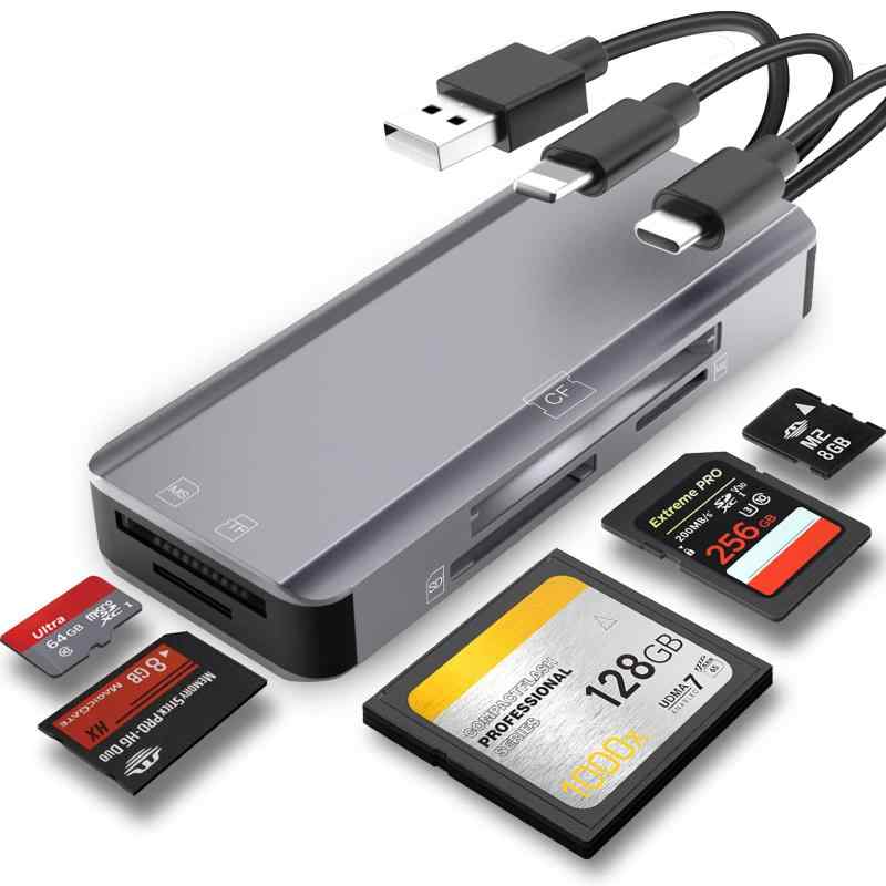 5 つの Memory Card を读取する多功能 Memory Card 読み取り器、SD/TF/CF/MS/M2/Micro SD カード読み取り器アダプタは、Phone/Pad の USB C や USB A デバイスに必要なものです。アプリケーションが不要で、Plug