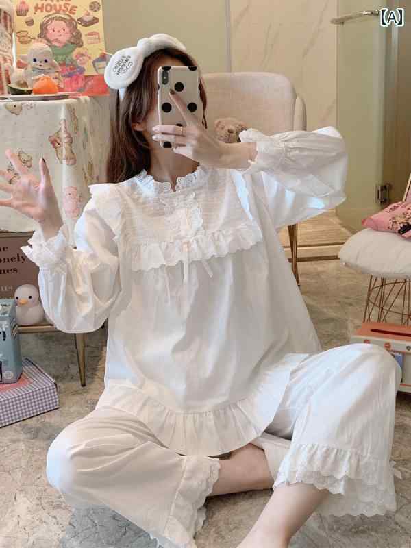 大きめサイズ レディース ルームウェア リラックス 快適 ぽっちゃり 婦人服 レース 春秋 綿 長袖 パジャマ プリンセス セット