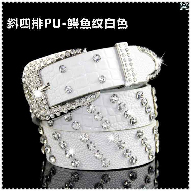 ベルト レディース おしゃれ キラキラ ラインストーン エレガント 牛革 斜め 4 列 ジーンズ ベルト ホ..