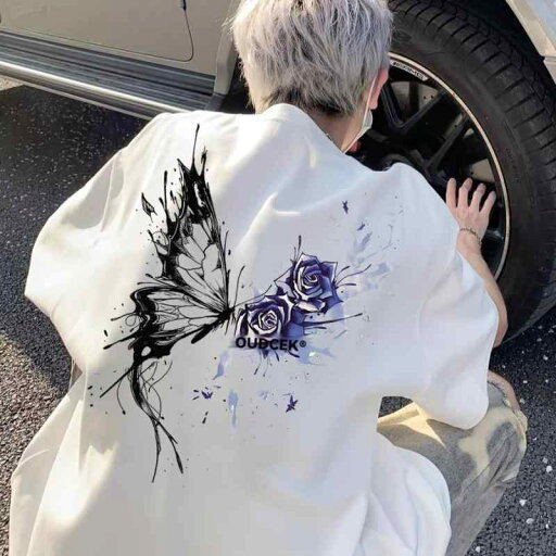 Tシャツ メンズ レディース兼 半袖 綿 厚手 アメリカ風 レトロ 蝶 バラ 夏 トップス Tシャツ メンズ レディース兼 半袖 綿 厚手 アメリカ風 レトロ 蝶 バラ 夏 トップス