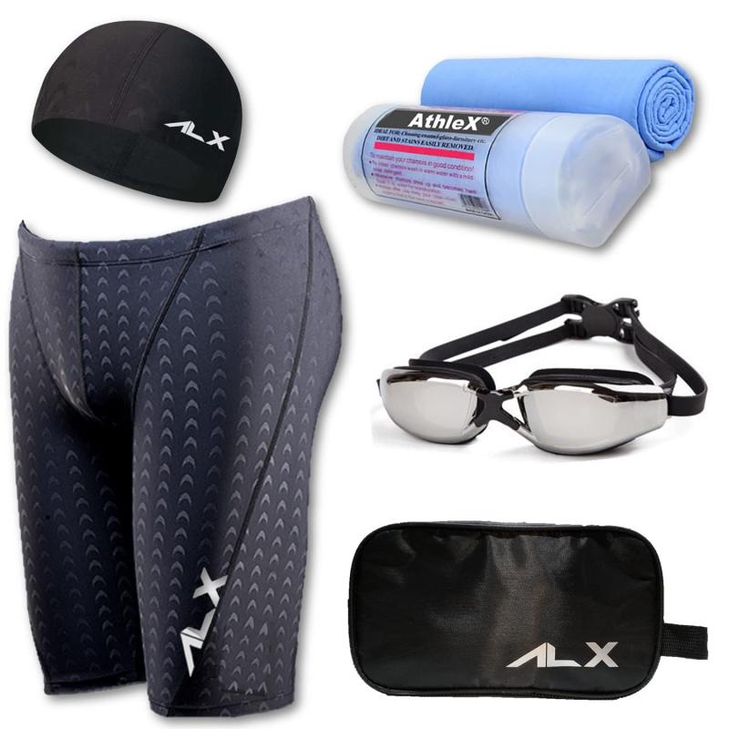 AthleX(アスレエックス) メンズ 水着 フィットネス 競泳水着 男性 スイミング ゴーグル 水中眼鏡 スイムキャップ セイムタオル セーム 大きいサイズ プール備品 5点セット