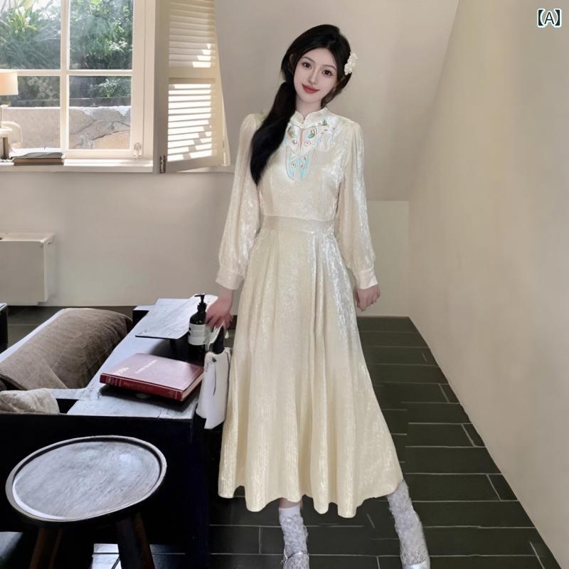 レディース ファッション おしゃれ 裏地 春 チャイナ風 ロング スカート スリム ウエスト ワンピース