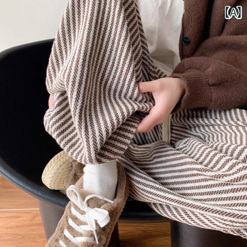 レディース ズボン カジュアル パンツ 韓国 コーヒー ウール ワイドレッグ 秋冬 ストライプ レースアップ ハイウエスト ドレープ