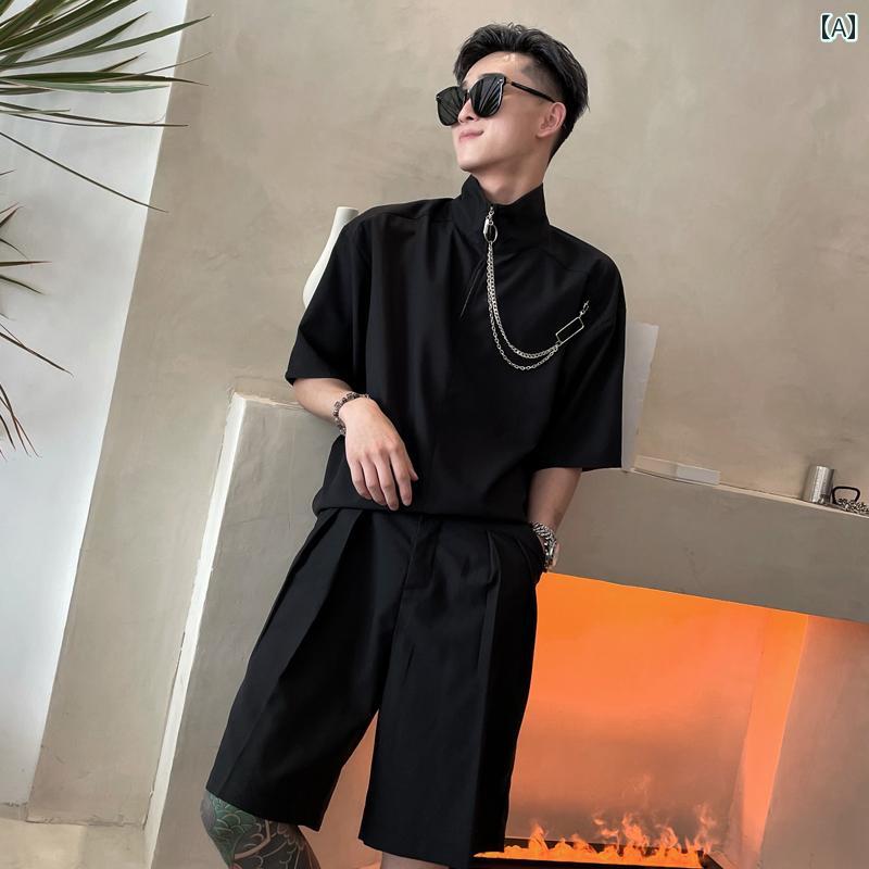 セットアップ メンズ 夏 ショートパンツ 五分丈 ハーフ ハーフパンツ カジュアル おしゃれ トレンディ 黒 夏 七分袖 シャツ イン トレンディ 快適 2点 t