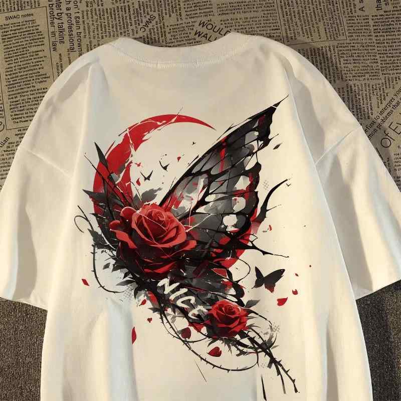 Tシャツ メンズ レディース兼 半袖 綿 蝶 バラ 花柄 ゆったり カジュアル