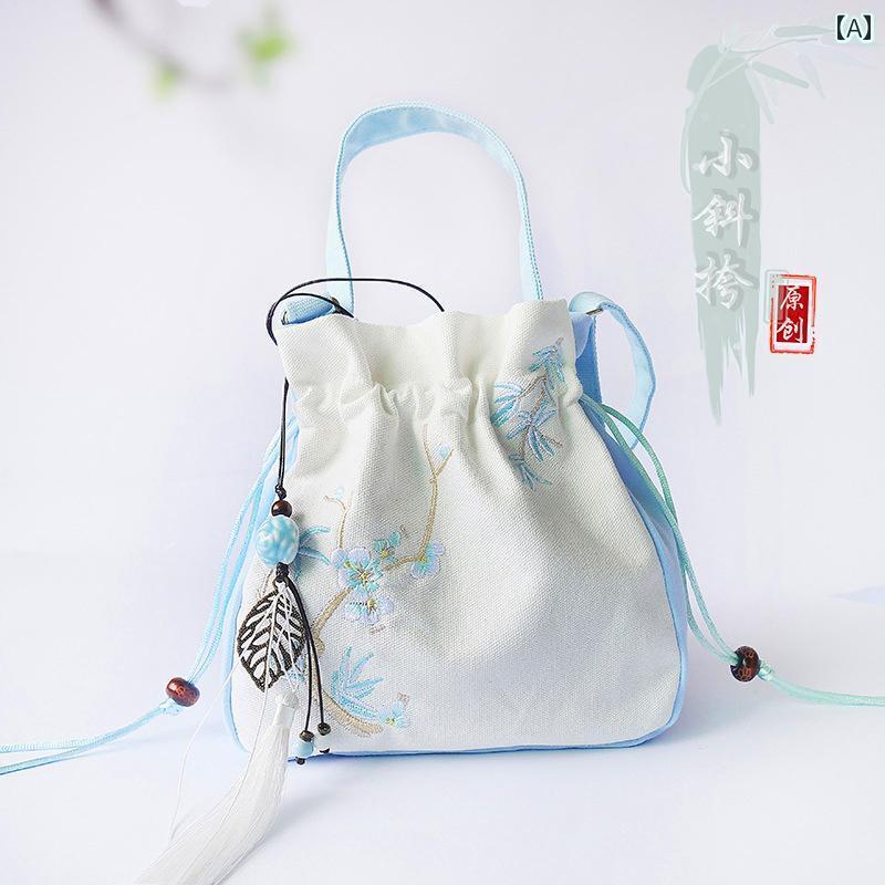 ショルダーバッグ レディース 小さめ レトロ 大容量 キャンバス 桜 梅 刺繍 中国 巾着 エスニック 洗え..